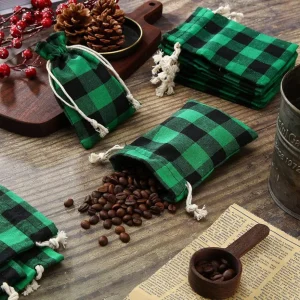 Christmas Buffalo Plaid Drawstring Bag Party Decrations Rustic Cotton Xmas Plaid Present Wrap Stockings Green Red Black
