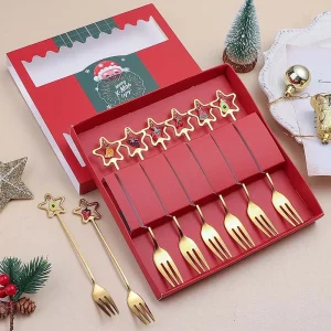 6 Pcs Stainless Steel Christmas Gift Spoon and Fork with Gift Box Golden Dinnerware Set with Ornament