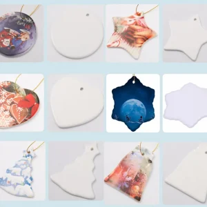 Sublimation Blanks Ornaments White Ceramic 3 Inch Round Heart Star Christmas Tree Porcelain Pendants with Gold String for Home Decor Tags Party Favor FY4353